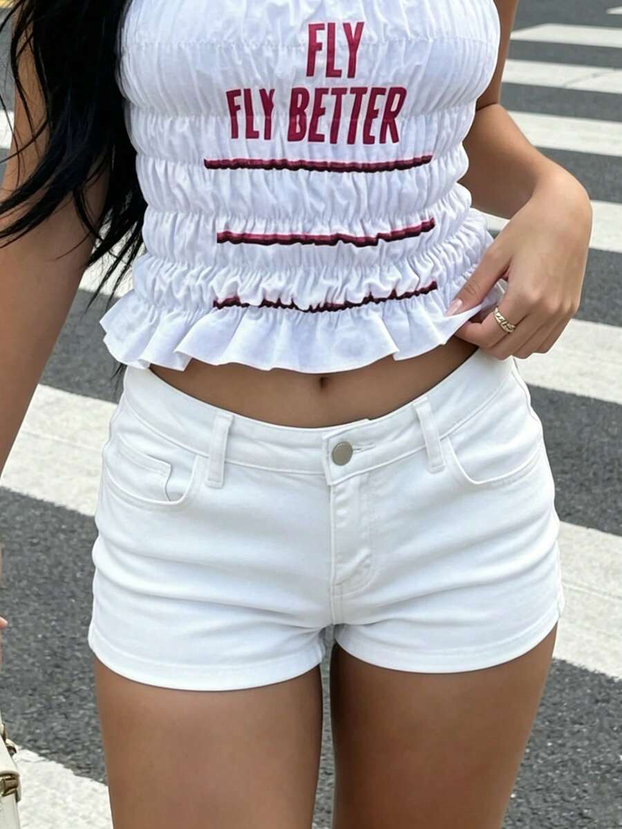 夏季歐美街頭時尚彈性緊身極簡性感休閒女款白色牛仔短褲 - 白色 - 查看 1