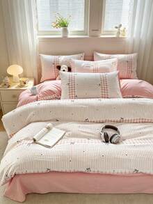 4pcs Striped Bow Duvet Cover Set, Breathable, Back To School, Dorm/Bedroom Bed Decor, (Includes 1 Duvet Cover + 1 Bed Sheet + 2 Pillowcases), Duvet Insert And Pillow Insert Not Included, Pillowcase Pattern Randomly Cut - Pink - View 10