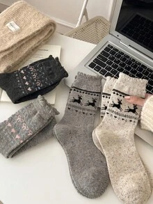 4 Pairs/2 Pairs/1 Pair Korean Sweet Cute Style Mid-Calf Socks With Ruffle Trim, Unisex Autumn/Winter Fair Isle Pattern, Versatile For Women's Home, Daily Wear, Layering With Boots - Multicolor - View 1