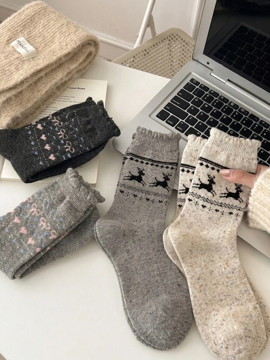 4 Pairs/2 Pairs/1 Pair Korean Sweet Cute Style Mid-Calf Socks With Ruffle Trim, Unisex Autumn/Winter Fair Isle Pattern, Versatile For Women's Home, Daily Wear, Layering With Boots - Multicolor - View 1