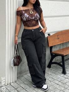 Women's Plus Size Loose Denim Cargo Pants, Versatile Y2K Style Straight Leg Pants, With Pockets, Button And Zipper Fly, Non-Stretch - Black - View 6