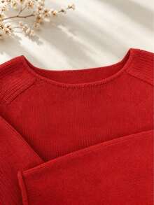 Plus Size Women's Soft Round Neck Sweater, Vintage Fresh, Solid Color Casual Minimalist Versatile, Lightweight Knit Fabric For Summer And Autumn - Red - View 6