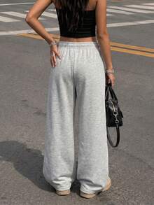 Women's Light Grey Gothic Letter Graphic Wide Leg Sweatpants Pants, Y2K Campus Back To School Fall Outfit Sports - Light Grey - View 2