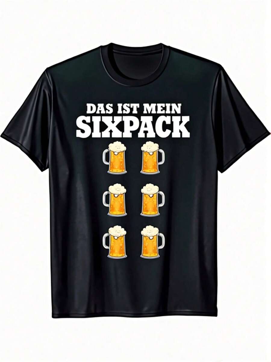 T-shirt nera da uomo con scollo rotondo, stampa di un boccale di birra e scritta "This Is My Six-Pack", leggermente resistente, ideale per l'Oktoberfest, le feste e l'uso quotidiano. - Bianco - Visualizzare 1
