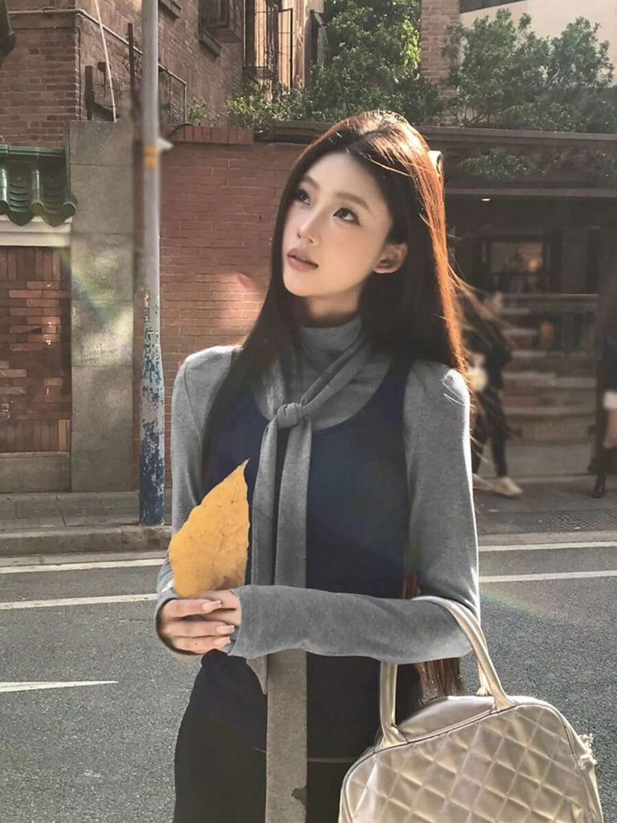 Korean Style Ribbon Long Sleeve T-Shirt & Fitted Camisole Top 2-Piece Set For Women - Grey - View 1