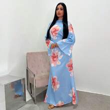 歐美純美式風格花卉印花長洋裝，收腰設計，葉子與花朵圖案，全身印花，梭織面料，正式晚裝，秋季 - 藍色 - 查看 1