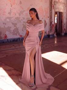 ADYCE Elegant One Shoulder Cross V Neck Pleated High Waist Long Ribbon High Slit Backless Floor Length Prom Dress Wedding Guest Prom Homecoming Date Ball - Pink - View 1