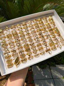 1/3/6/12/24 Buah Cincin Geometris Minimalis Berlapis Emas 18K dari Baja Tahan Karat untuk Wanita, Cocok untuk Pemakaian Sehari-hari, Belanja, dan Pesta (Model Acak) - Emas - View 2