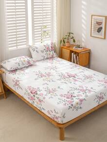 1pc White Base Large Pink Multicolor Peony Floral Pattern Fitted Sheet, No Filling, Bedroom Use Flannel Microfiber Breathable Comfortable Fitted Sheet, 1pc/Pack, Extra Large/Large/Full/Queen Size, Deep Pocket Design, Fits Up To 11.8 Inches Thick - Pink - View 5
