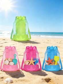YIYIQCSJ 1 pieza Bolsa de almacenamiento de malla de gran capacidad para niños, mochila de nylon transpirable con cordón, adecuada para juguetes de playa, uso en piscina y actividades al aire libre - Multicolor - Ver 2