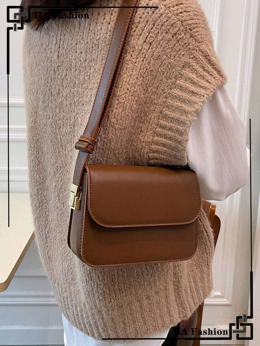 Bolso cuadrado pequeño con solapa, bolso de mujeres con estilo minimalista - Café integral - Ver 1