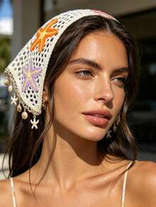 1pc Mermaid Core Ocean Style Handmade Hollow Crochet Triangle Headband, Starfish & Shell Embroidery Pendant Tassel Mesh Headscarf, Saudi Girl Headwrap Inner Layer, Beach Vacation Vibe Hair Accessory - Multicolor - View 1