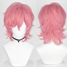 男士粉色合成纖維短波浪假髮，附瀏海，動漫遊戲 Cosplay 蓬鬆耐熱假髮，適合日常配戴與派對 - 粉色 - 查看 12