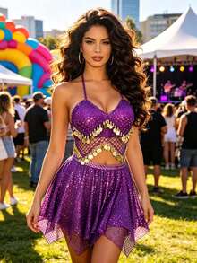 Exotic Festival Rave Party Dangling Sequin Coin Fringe Halter Crop Top, Irregular Hem Sequin Skirt For Costume Cosplay And Parade Events - Multicolor - View 5