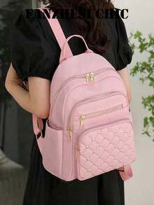 Sweet Solid Color Rhombus Stitched Daypack With Side Storage Pockets, Adjustable Wide Shoulder Strap Fashion Storage Backpack For Women Outdoor Use - Pink - View 2