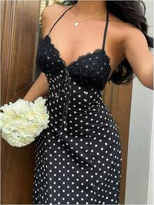 Women's Polka Dot Halter Dress Satin Backless Midi Dress With Lace Bodice Adjustable Tie Front Summer Vacation Beach Party Outfits - Black - View 1