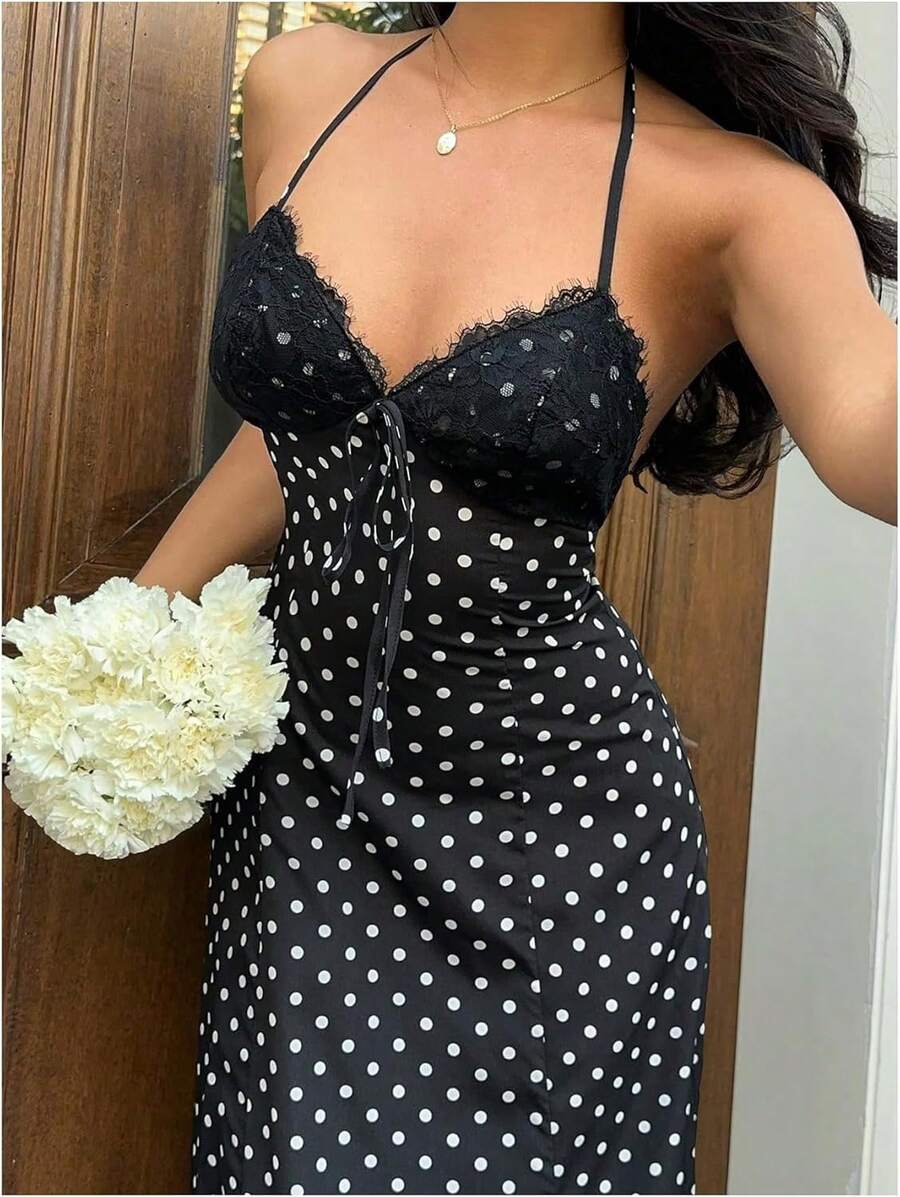 Women's Polka Dot Halter Dress Satin Backless Midi Dress With Lace Bodice Adjustable Tie Front Summer Vacation Beach Party Outfits - Black - View 1