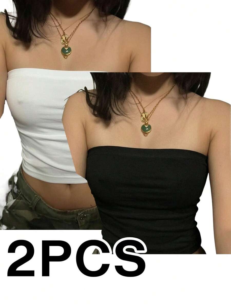 2件組女款平口露背修身短版上衣,夏季新款純色休閒百搭時尚日常穿搭 - 彩色 - 查看 1