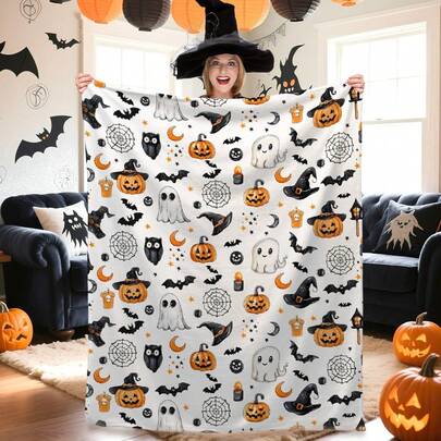 1 buah Selimut Flanel Cetak Digital Halloween - Gaya Modern, Tema Kartun, Kain Rajut Poliester Lembut, Nyaman untuk Semua Musim, Serbaguna, Cocok untuk Sofa, Tempat Tidur, Perjalanan, Berkemah, Kursi, Selimut Hadiah