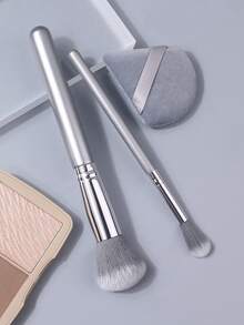 3PCS Makeup Brush&Makeup Puff Set,Large&Small Dome Blush Brushes,For Even Blush, Glow Highlight&Setting Powder Application,Silver Wooden Handle - Silver - View 6