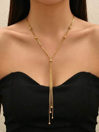 1pc Minimalist Multi-Layer Snake Chain With Metal Ball Y-Shaped Necklace, Fashionable And Elegant Women's Jewelry, Suitable For Daily Wear, Gifting, Party And Banquet