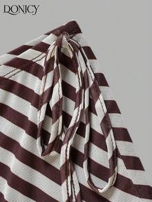 DONICY Women's Summer Striped Midi Skirt - Brown & White Asymmetrical Wrap Skirt, For Beach, Vacation & Casual Wear Fall - Coffee Brown - View 5