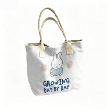 Miniso Miffy Pink Daisy Print Canvas Tote Bag Pink Handle Growing Day By Day Letter Large Capacity Shoulder Handbag For School Shopping Travel Daily Use - Black - View 5