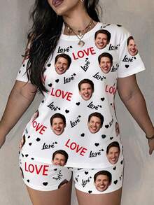 Women's Customized Round Neck Short Sleeve Top And Elastic Waist Shorts Loungewear Set, White, With Personalized Face, Red LOVE Letters And Black Heart - Multicolor - View 5