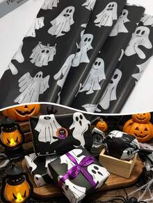 5sheets Gift Wrapping Paper Set-Cute Black Ghost Patterned Wrapping Paper-Filler For Gift Bags, Birthday And Everyday Gift Wrapping, Ideal For Flower Bouquet Wrapping, Wedding Season, DIY Projects, Perfect For Halloween And Valentine's Day - Black Ghost - View 1