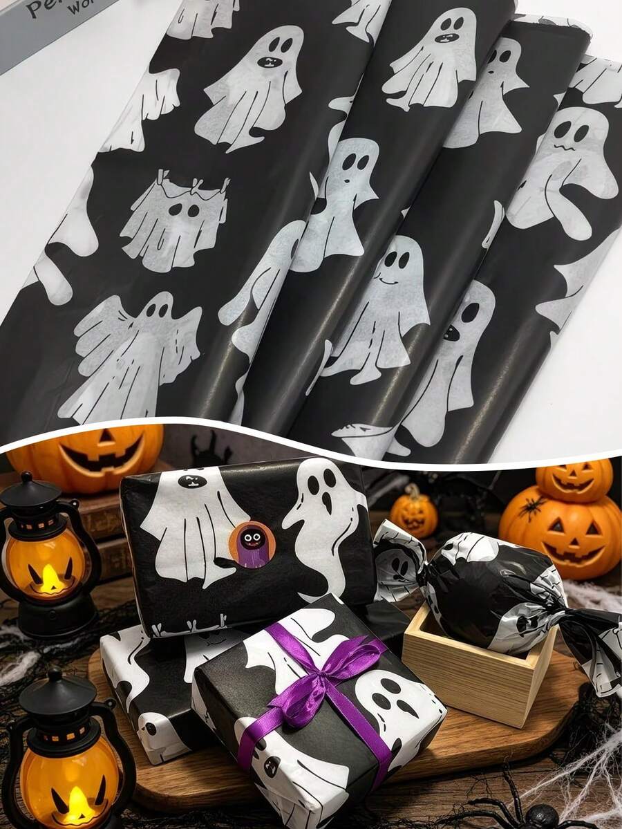 5sheets Gift Wrapping Paper Set-Cute Black Ghost Patterned Wrapping Paper-Filler For Gift Bags, Birthday And Everyday Gift Wrapping, Ideal For Flower Bouquet Wrapping, Wedding Season, DIY Projects, Perfect For Halloween And Valentine's Day - Black Ghost - View 1