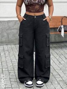 Women's Plus Size Loose Denim Cargo Pants, Versatile Y2K Style Straight Leg Pants, With Pockets, Button And Zipper Fly, Non-Stretch - Black - View 5