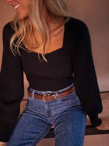 Sweater Pullover Rajut Hitam Wanita, Lengan Panjang, Kerah Persegi, Elastisitas Sedang, Cocok untuk Dipakai di Musim Gugur - Hitam - View 6