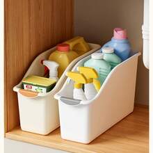 3pcs Large Capacity Storage Bins, Yellow And White, Miscellaneous Items Sorting Organizer, Kitchen And Bathroom Storage, Suitable For Bathroom, Cabinet, Sink Side, Food Storage Area - A - View 2