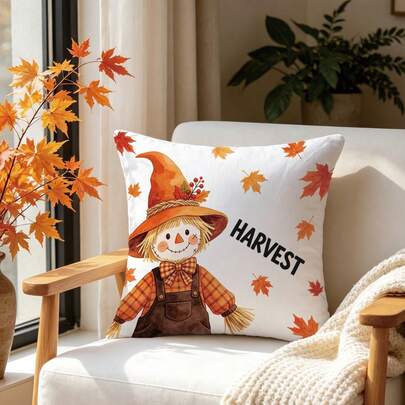 1pc Autumn Maple Leaf & Cute Scarecrow Cushion Cover, Single-Sided Printed Skin-Friendly Peach Skin Velvet Material, 45*45CM Pillow Case Suitable For Room Decor, Indoor Living Room Sofa Decor, Party Decoration, Decorative Cushion Cover Gift