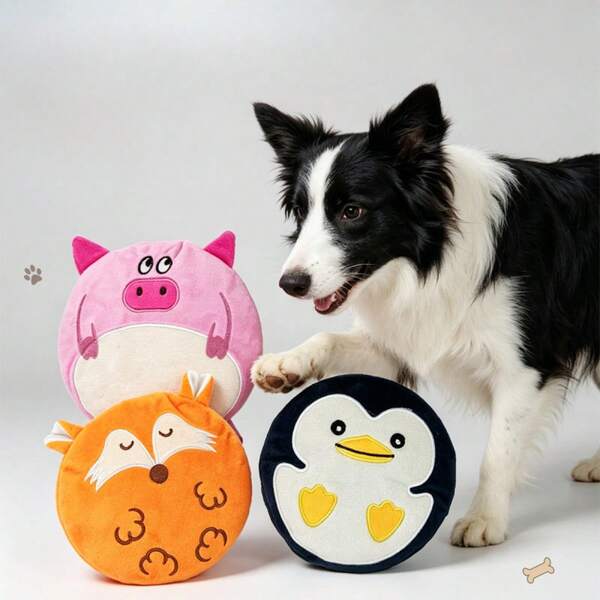 1PC Cute Plush Dog Squeaky Toy, Cartoon Pink Pig Orange Fox Blue Penguin Round Disc Shape Interactive Pet Toy With Soft Embroidery Details, Bite-Resistant Chewing Training Toy For Indoor Play & Companion Entertainment, Pet Supplies Pet Chew Toy