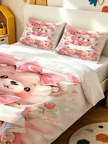 2/3PCS Girls Custom Name Pink Bow Bear Floral Balloon Print Polyester Zipper Resistant Duvet Cover Set, Sweet Girly Cartoon Bedding Set For Kids Bedroom All Seasons - Multicolor - View 6
