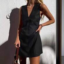 V-Neck Cotton Linen Sleeveless Dress Women's Summer Basic Solid Color Slim Undershirt Short Skirt - 黑色 - 查看 1