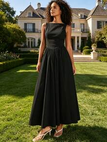 Women Sleeveless Round Neck High Waist Slim Backless Zipper A-Line Maxi Dress - 黑色 - 查看 5