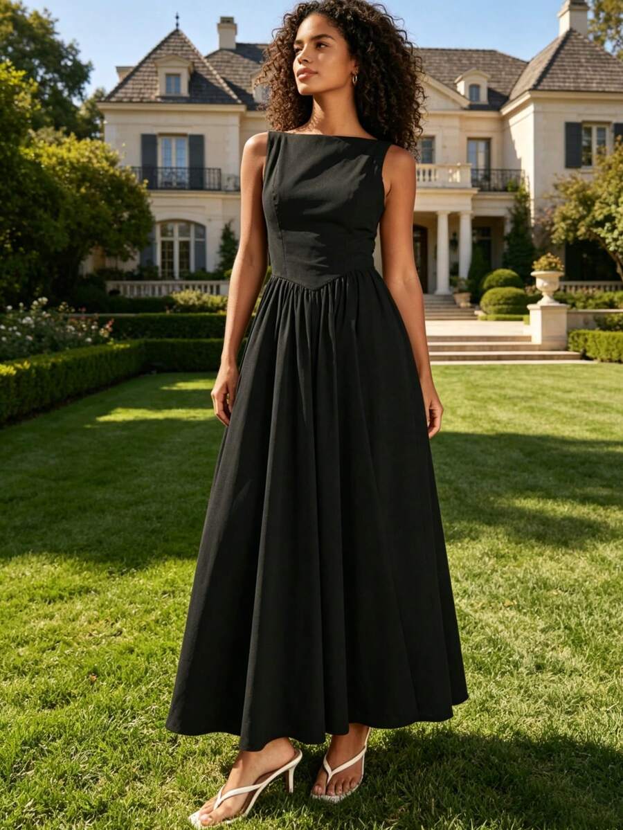Women Sleeveless Round Neck High Waist Slim Backless Zipper A-Line Maxi Dress - Hitam - View 1