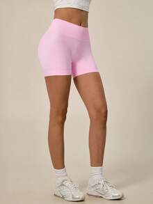 TimeOff 1 pieza de shorts deportivos de mujer de unicolor con cintura alta, banda de cintura acanalada y glúteos fruncidos - Rosa - Ver 9