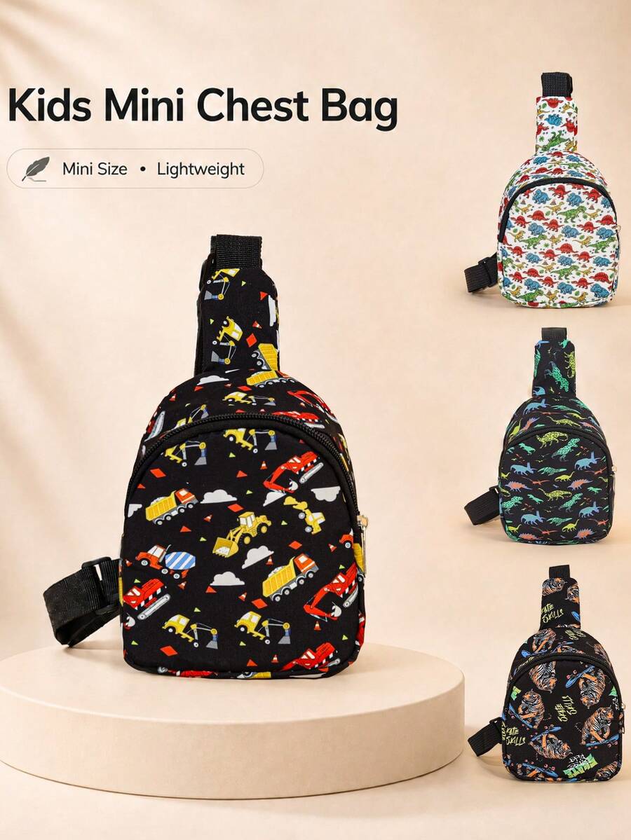 1PC Toddler Boy Cartoon Dinosaur, Construction Vehicle, Tiger Pattern Chest Bag, Mini One Shoulder Crossbody Bag, Adjustable Strap, Lightweight Outdoor Travel Small Wallet, Suitable For Toddler Daily And School Casual Bag, Can Be Given As A Gift - Multicolor - View 1