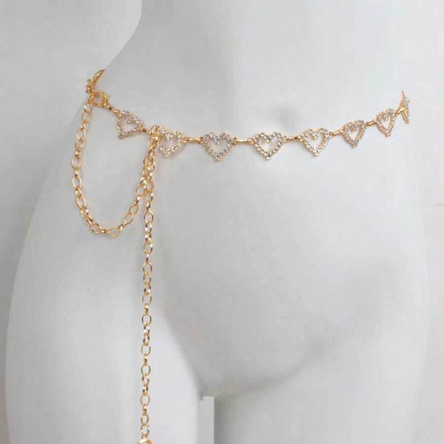 Sweet Cool Hollow Heart Chain Waist Belt, Adjustable Thin Waist Belt, Unique Accessory, Suitable For Punk Street Style, Pairs With Crop Tops - Gold - View 1