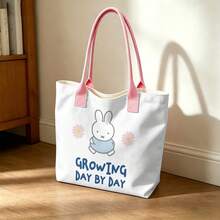 Miniso Miffy Pink Daisy Print Canvas Tote Bag Pink Handle Growing Day By Day Letter Large Capacity Shoulder Handbag For School Shopping Travel Daily Use - Black - View 2