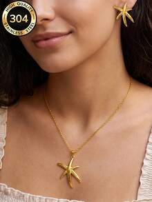 Vintage Sweet Minimalist Gold Stainless Steel Jewelry Set, Multiple Heart, Star, Flower, Bow Necklace And Earring Set, Daily, Beach, Wedding Gift - Yellow Gold - View 2
