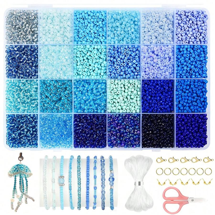 24 Grids 3mm Blue Series Glass Seed Beads Complete Jewelry Making Kit With Elastic String, Scissors, Jump Rings, Lobster Clasps, DIY Bracelet Necklace Earring Handmade Craft Supplies Storage Box Set - Blue - View 1