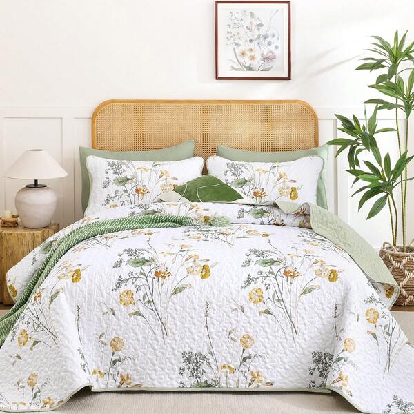 3 Pieces Botanical Quilt Set Queen/King Size, Sage Green Floral Plants Pattern Coverlet Set With 2 Pillowcases, Soft Lightweight Microfiber Bedding Set For All Season. Home Decor Room Decor Bed Comforter Set Fathers' Day Gift Wedding Decorations.