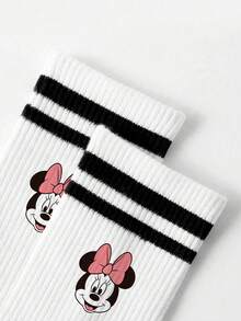 Disney 1雙迪士尼圖案女款中筒襪，黑白雙條紋，可愛百搭運動圓口襪，卡通設計，適合禮物與日常穿著 - 白色 - 查看 3