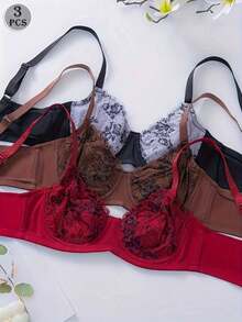 3pcs/Set Women's Sexy Floral Lace Underwire Bra, Comfortable Colorblock Floral Lingerie - Multicolor - View 4