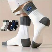 1/5 Pairs Men's Business Sports Mid-Calf Socks, Soft And Smooth, Suitable For Sports, Holiday Casual, Multi-Color Options, Cute Socks Holiday Accessories, Moisture-Wicking Material - Multicolor - View 4