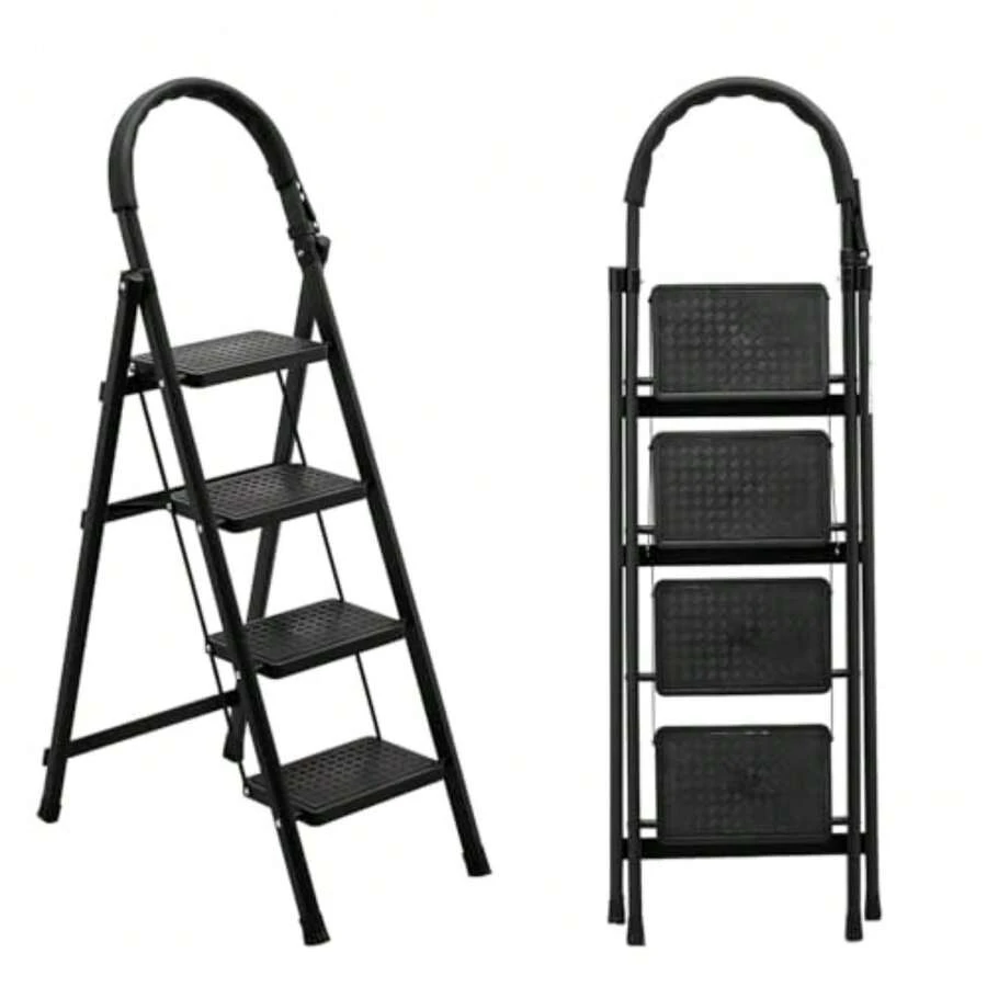 Unicame Escalera Plegable para Casa, Escalera Plegable 4 Peldaños, Diseño Antideslizante, Diseño de Cierre de , Escalera Tubular, Escalera de Tijera, para Hogar Oficina Almacén-Negro - Negro4 Niveles - Ver 1